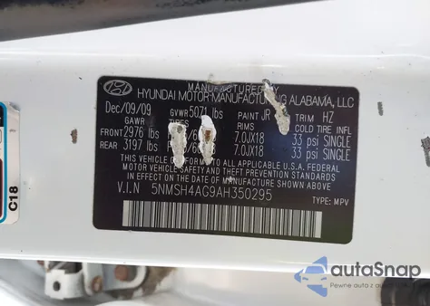 2010 Hyundai Santa Fe Se z USA, uszkodzony, nr VIN 5NMSH4AG9AH350295